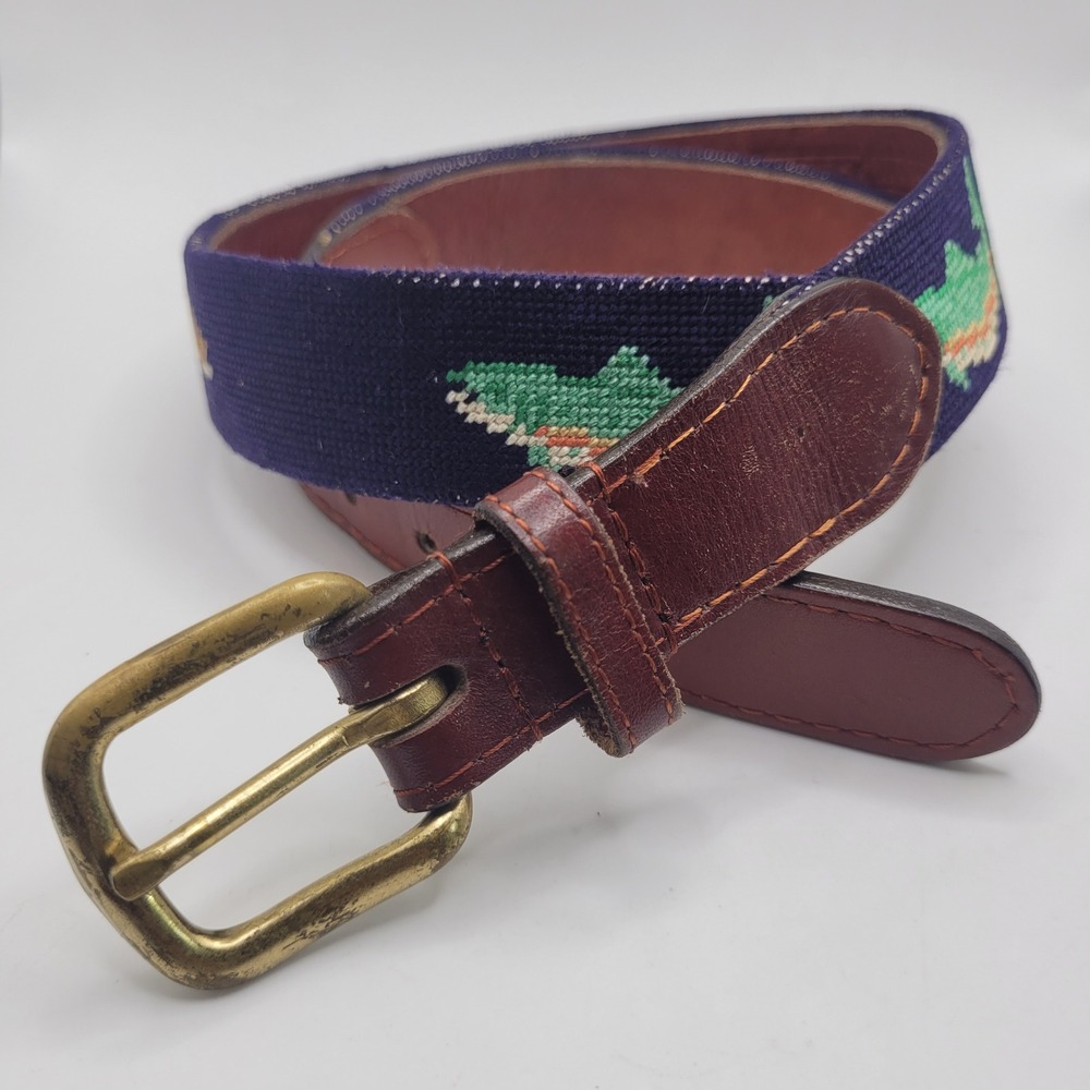 Smathers & Branson Belt 34 Navy Trout Fish Needlepoint Leather Brass Buckle